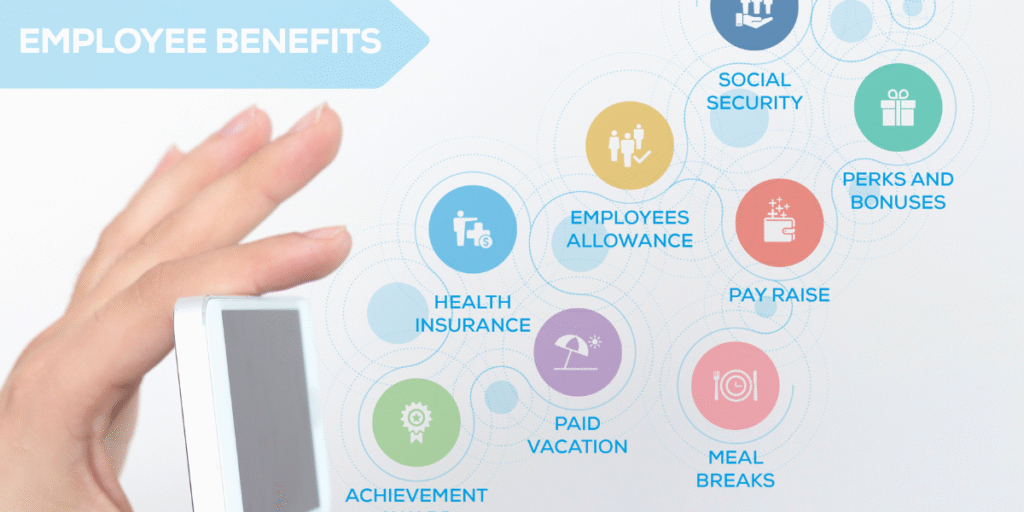 Employee benefits related to learning digital marketing, highlighting tools and remote work opportunities in Gandhinagar.