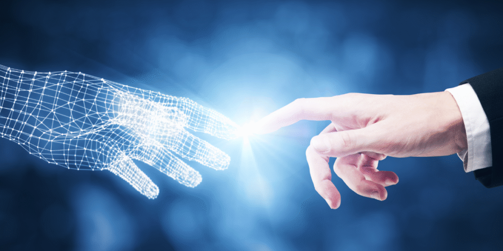 A hand reaching out to touch another hand, symbolizing connection and collaboration in digital marketing.